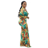 Women Fashion Casual Printed v-neck Top and Pants two-piece set