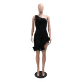 Fashion Slash Shoulder Feather Sequin Slit Club Dress