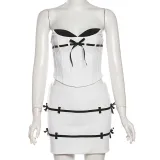 Women jacquard Lace-Up herringbone Strapless Top and Bodycon skirt two-piece set