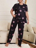 Plus Size Women Cute Bear Printed T-shirts and Pants Pajamas Two Piece