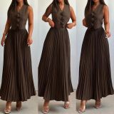 Women's Summer Flower Sleeveless Vest Top Pleated Long Skirt Two-Piece Set