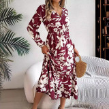 Autumn Winter Casual Flower Slim Waist Long Sleeve Women's Ruffle Midi Dress