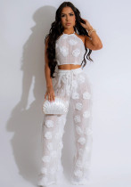 Women Solid Color See-Through Lace-Up Top Loose Slim Pants Two-Piece Set