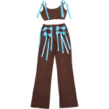 Summer Style Fashion See-Through Mesh Bowknot Sleeveless Vest Slim Pants Two Piece Set