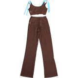 Summer Style Fashion See-Through Mesh Bowknot Sleeveless Vest Slim Pants Two Piece Set