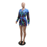 Women's Printed Turndown Collar Long Sleeve Shirt Top Sexy Slim Bodycon Short Skirt Two-Piece Set