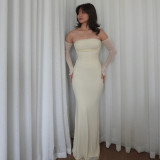 Women Summer Strapless Off Shoulder Patchwork Long Sleeve Sexy Mesh Dress