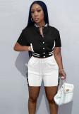 Women contrast color baseball top and shorts two-piece set