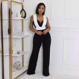 Sexy Color Block Stretch Wide Leg Zipper Jumpsuit