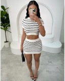 Women Striped Casual Top and Skirt Two-Piece Set