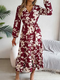 Autumn Winter Casual Flower Slim Waist Long Sleeve Women's Ruffle Midi Dress