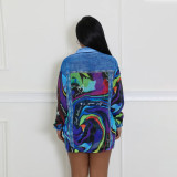 Women's Printed Turndown Collar Long Sleeve Shirt Top Sexy Slim Bodycon Short Skirt Two-Piece Set