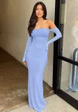 Women Summer Strapless Off Shoulder Patchwork Long Sleeve Sexy Mesh Dress