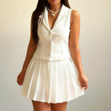 Women's Turndown Collar Sleeveless Vest Top Pleated Mini Skirt Fashion Casual Two-Piece Set