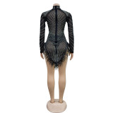 Spring Summer Women's Long-Sleeved Short Solid Color Beaded Mesh Feather Dress