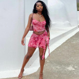 Women Mesh Printed Sexy Tank Top Slit Short Skirt Two-Piece Set