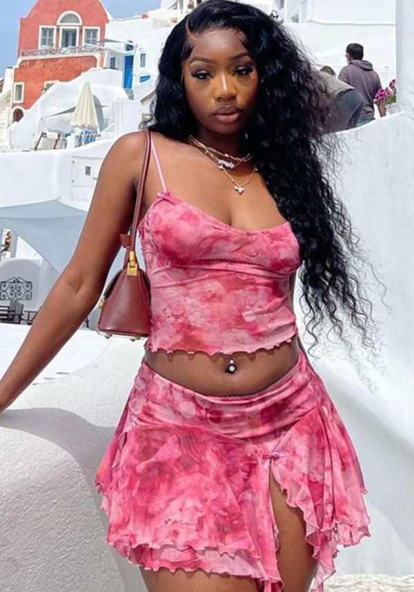 Women Mesh Printed Sexy Tank Top Slit Short Skirt Two-Piece Set