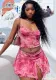 Women Mesh Printed Sexy Tank Top Slit Short Skirt Two-Piece Set