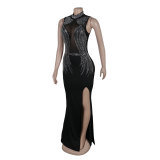 Women's Fashion Solid Color Beaded Mesh Hollow Slit Dress