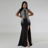 Women's Fashion Solid Color Beaded Mesh Hollow Slit Dress