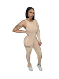 Women Casual Ribbed Pocket Single Sleeve Jumpsuit