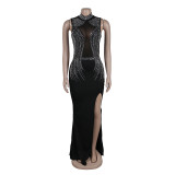 Women's Fashion Solid Color Beaded Mesh Hollow Slit Dress