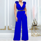 Women's Fashion Sexy Solid Color V-Neck Sleeveless Slim Waist Wide Leg Jumpsuit