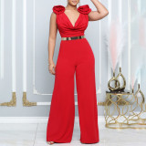 Women's Fashion Sexy Solid Color V-Neck Sleeveless Slim Waist Wide Leg Jumpsuit
