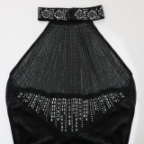 Women See-Through Mesh Beaded Patchwork Velvet Halter Neck Bodycon Dress