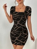 Women Square Neck Knitting Elegant Bodycon Dress