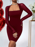 Women Sexy Square Neck Long Sleeve Knitting Bodycon Dress