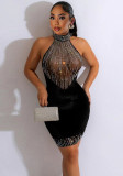 Women See-Through Mesh Beaded Patchwork Velvet Halter Neck Bodycon Dress