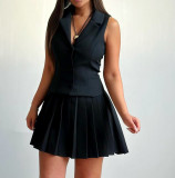 Women's Turndown Collar Sleeveless Vest Top Pleated Mini Skirt Fashion Casual Two-Piece Set