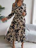 Autumn Winter Casual Flower Slim Waist Long Sleeve Women's Ruffle Midi Dress