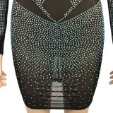 Women Sexy Beaded Mesh See-Through Bodycon Dress