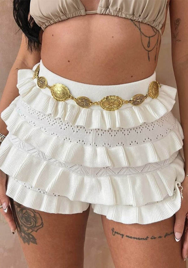 Women Summer Sexy Solid Multi-layered Ruffle Lace Shorts