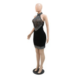 Women See-Through Mesh Beaded Patchwork Velvet Halter Neck Bodycon Dress