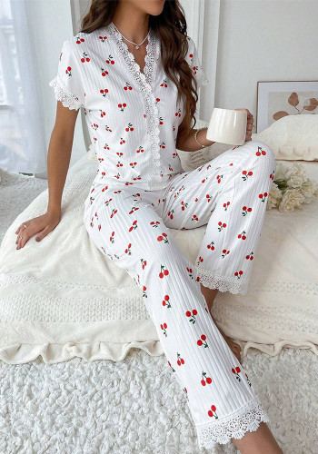 Women V Neck Lace Cherry Print T-shirt Pants Pajama Set