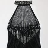 Women See-Through Mesh Beaded Patchwork Velvet Halter Neck Bodycon Dress