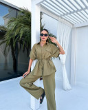 Women's Cargo Style Drawstring Pocket Shirt Pants Two-Piece Set