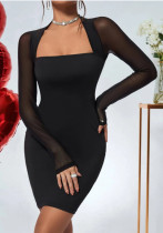 Women Sexy Square Neck Long Sleeve Knitting Bodycon Dress