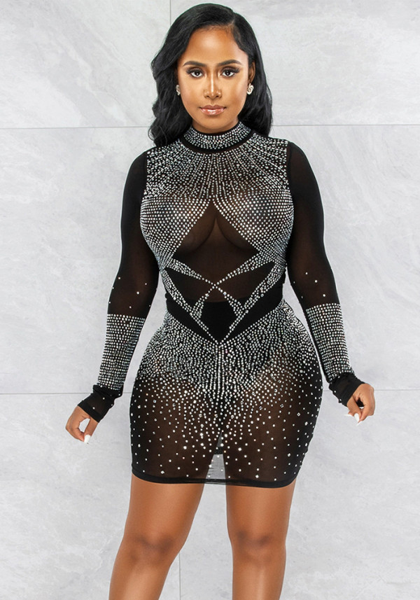 Women Sexy Beaded Mesh See-Through Bodycon Dress