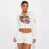 Women fashion print Hoodies and Shorts two piece set