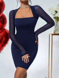 Women Sexy Square Neck Long Sleeve Knitting Bodycon Dress