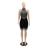 Women See-Through Mesh Beaded Patchwork Velvet Halter Neck Bodycon Dress
