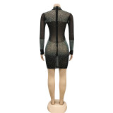 Women Sexy Beaded Mesh See-Through Bodycon Dress