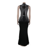 Women's Fashion Solid Color Beaded Mesh Hollow Slit Dress