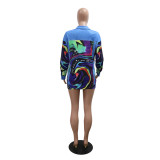 Women's Printed Turndown Collar Long Sleeve Shirt Top Sexy Slim Bodycon Short Skirt Two-Piece Set