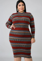 Plus Size Women's Ribbed Striped Print Long Sleeve Dress