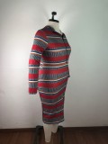 Plus Size Women's Ribbed Striped Print Long Sleeve Dress